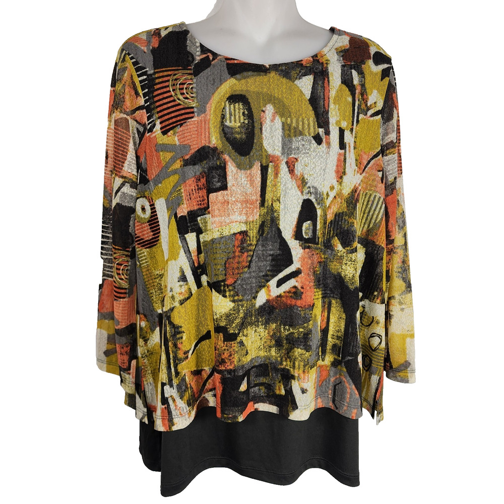 Multiples Womens Tunic Top Small Artsy Abstract Layered 3/4 Sleeve Colorful Boho